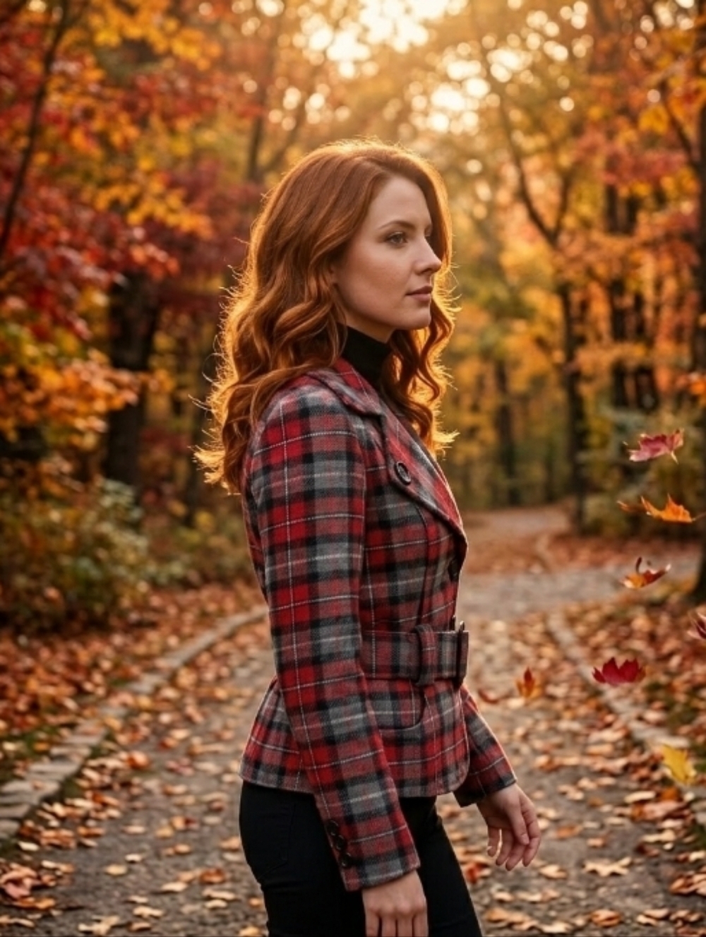 Eclipse Plaid Wool Blend Jacket in Red and Gray With Belt L